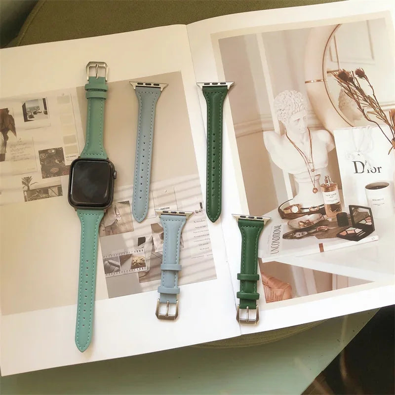 Slim leather strap for Apple Watch band 49mm series 7 8 9 41mm/45mm 38mm/42mm Wrist bracelet iWatch SE 6 5 4 3 40mm/44mm ultra-2