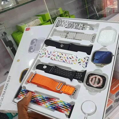 I20 Ultra Max Smart Watch 10-in-1 box set comes with EarBurds